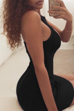 Black Sexy Solid Hollowed Out O Neck Pencil Skirt Dresses