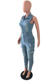 Baby Blue Fashion Casual Solid Ripped Turndown Collar Skinny Jumpsuits