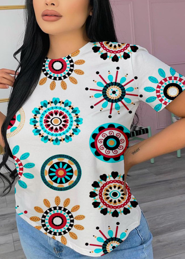 White Casual Print O Neck T-Shirts