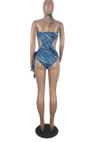 Multicolor Fashion Sexy Print Hollowed Out Draw String Backless Swimwears
