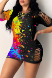 Pink Sexy Casual Print Ripped O Neck Short Sleeve Dress