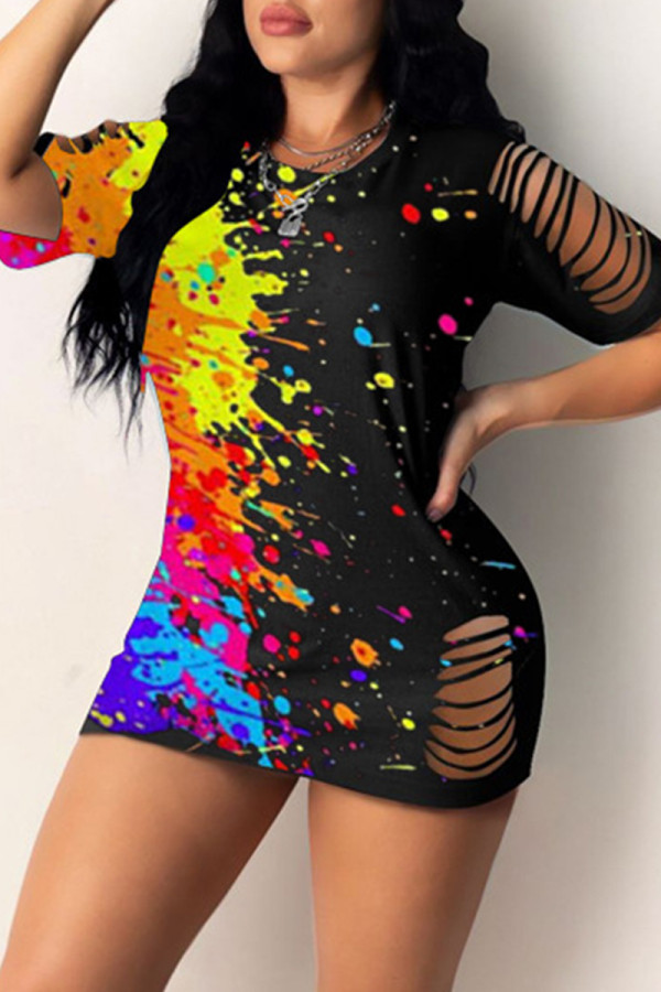 Black Sexy Casual Print Ripped O Neck Short Sleeve Dress