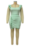 Fluorescent Green Casual Solid Flounce Square Collar Plus Size Two Pieces