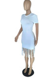 Pink Fashion Casual Solid Tassel O Neck Short Sleeve Dress