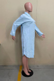 Light Blue Fashion Casual Solid Slit Turndown Collar Tops