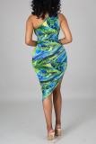 Green Fashion Sexy Print Asymmetrical One Shoulder Sleeveless Dress