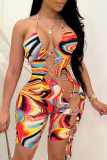 Blue Sexy Print Hollowed Out Halter Skinny Jumpsuits