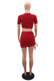 Red Fashion Casual Print Basic V Neck Short Sleeve Two Pieces