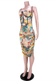 Yellow Fashion Sexy Print Backless Spaghetti Strap Sleeveless Dress