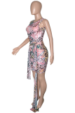 Pink Sexy Print Patchwork O Neck Pencil Skirt Dresses