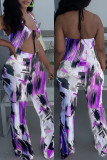 Pink Fashion Sexy Print Hollowed Out Backless Halter Regular Jumpsuits