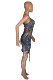Light Blue Fashion Sexy Print Backless Fold Spaghetti Strap Sleeveless Dress