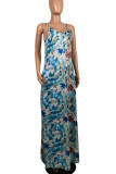 Blue Sexy Print Patchwork Spaghetti Strap Sling Dress Dresses