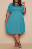 Blue Fashion Casual Plus Size Solid Basic O Neck Short Sleeve Dress (No Pocket)