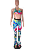 Blue Fashion Sexy Print Bandage Backless Halter Sleeveless Two Pieces