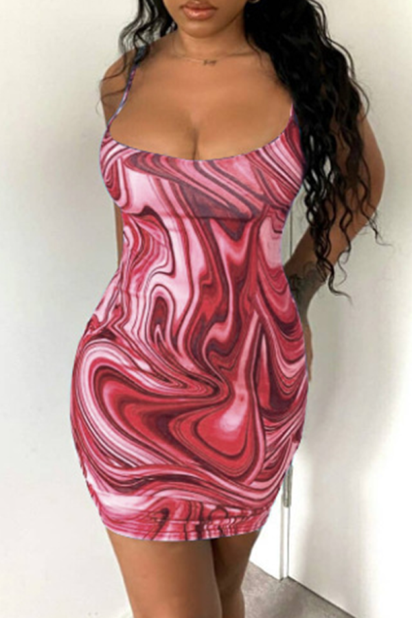 Red Sexy Print Backless Spaghetti Strap Pencil Skirt Dresses
