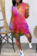 Rose Red Sexy Casual Tie Dye Printing V Neck Sleeveless Dress
