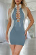 Blue White Fashion Sexy Patchwork Hollowed Out Turtleneck Sleeveless Dress