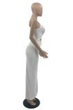 Yellow Sexy Solid Hollowed Out Backless Slit Spaghetti Strap Long Dress