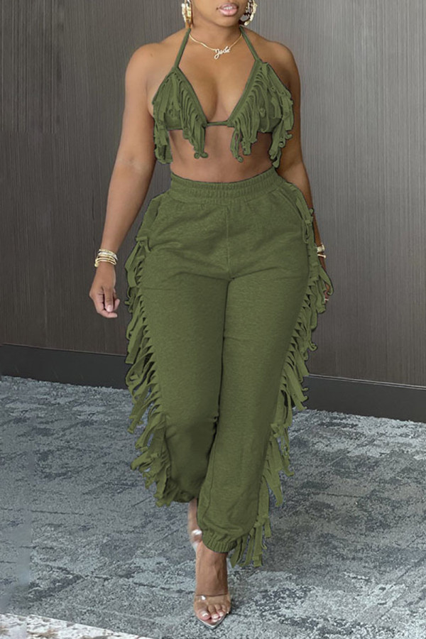 Green Fashion Sexy Solid Tassel Backless Halter Sleeveless Two Pieces