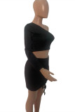 Black Fashion Sexy Solid Fold Oblique Collar Long Sleeve Two Pieces