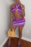 Purple Sexy Striped Patchwork Halter Sleeveless Two Pieces