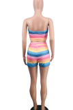 Rainbow Color Sweet Striped Print Patchwork Strapless Sleeveless Two Pieces