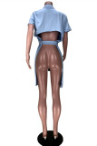 Light Blue Fashion Casual Solid Backless Turndown Collar Tops