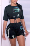 Black Fashion Casual Print Bandage O Neck Half Sleeve Two Pieces