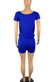 Blue Casual Solid Bandage Patchwork O Neck Short Sleeve Two Pieces