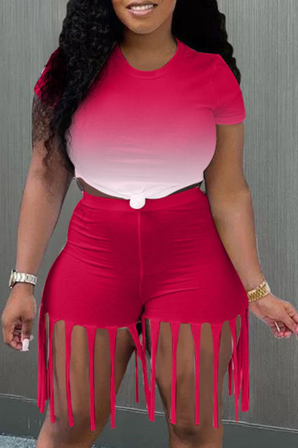 Rose Red Casual Gradual Change Patchwork O Neck Short Sleeve Two Pieces