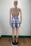 Blue Sexy Plaid Split Joint Halter Sleeveless Two Pieces