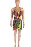 Colour Sexy Print Hollowed Out Patchwork Spaghetti Strap Pencil Skirt Dresses