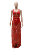 Red Fashion Sexy Patchwork See-through Backless Spaghetti Strap Sleeveless Two Pieces