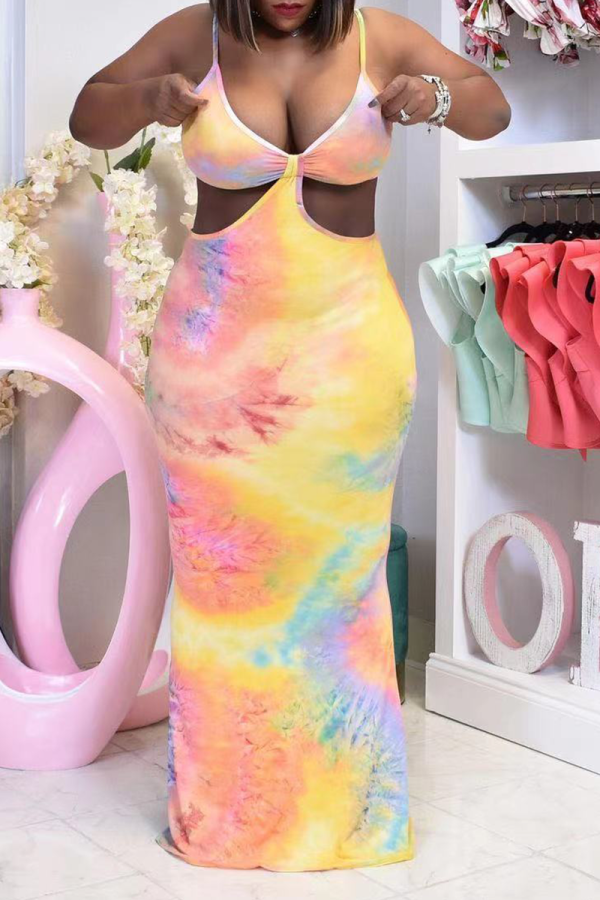 Colour Sexy Patchwork Hollowed Out Tie-dye Spaghetti Strap Pencil Skirt Dresses