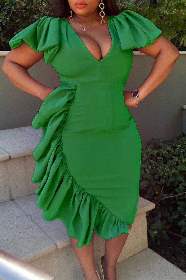 Green Fashion Casual Solid Asymmetrical V Neck Short Sleeve Dress