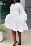 Yellow Fashion Casual Solid Bandage O Neck Long Sleeve Dresses