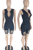 Blue Casual Solid Hollowed Out Patchwork Zipper O Neck Skinny Rompers