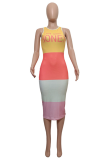 Yellow Sexy Print Letter O Neck Pencil Skirt Dresses