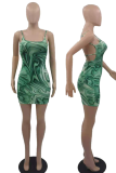 Green Sexy Print Backless Spaghetti Strap Pencil Skirt Dresses
