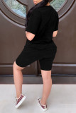 Black Fashion Casual Letter Print Basic O Neck Short Sleeve Two Pieces