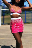 Rose Red Fashion Sexy Print Backless Halter Sleeveless Two Pieces