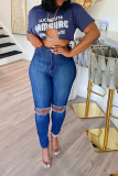 Blue Sexy Print Hollowed Out O Neck T-Shirts
