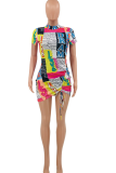 Blue Sexy Print Patchwork O Neck Irregular Dress Dresses