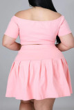 Pink Casual Solid Split Joint Off the Shoulder A Line Plus Size Two Pieces