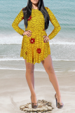Yellow Casual Print Patchwork O Neck Straight Dresses
