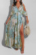 Green Fashion Sexy Print Backless Slit V Neck Long Dress