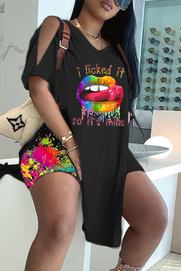 Black Casual Print High Opening O Neck Short Sleeve Two Pieces
