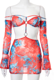 Colour Sexy Print Hollowed Out Off the Shoulder Pencil Skirt Dresses