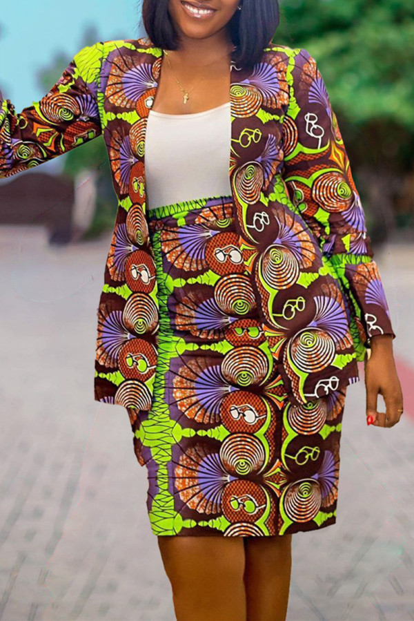 Multicolor Fashion Casual Print Cardigan Long Sleeve Two Pieces